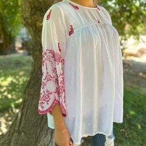 JOHNNY WAS Cross Stitched EMBROIDERED BLOUSE Size M